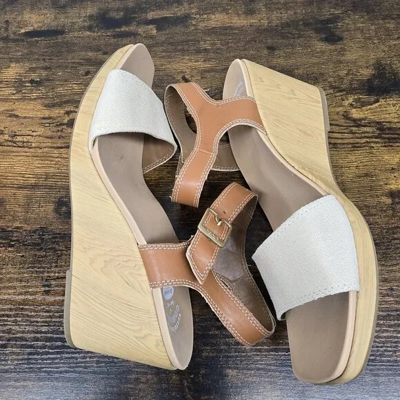 Dr Scholls Glimmer Sandals Womens 11M Slingback Strappy Wedge Canvas Brown - Picture 9 of 10